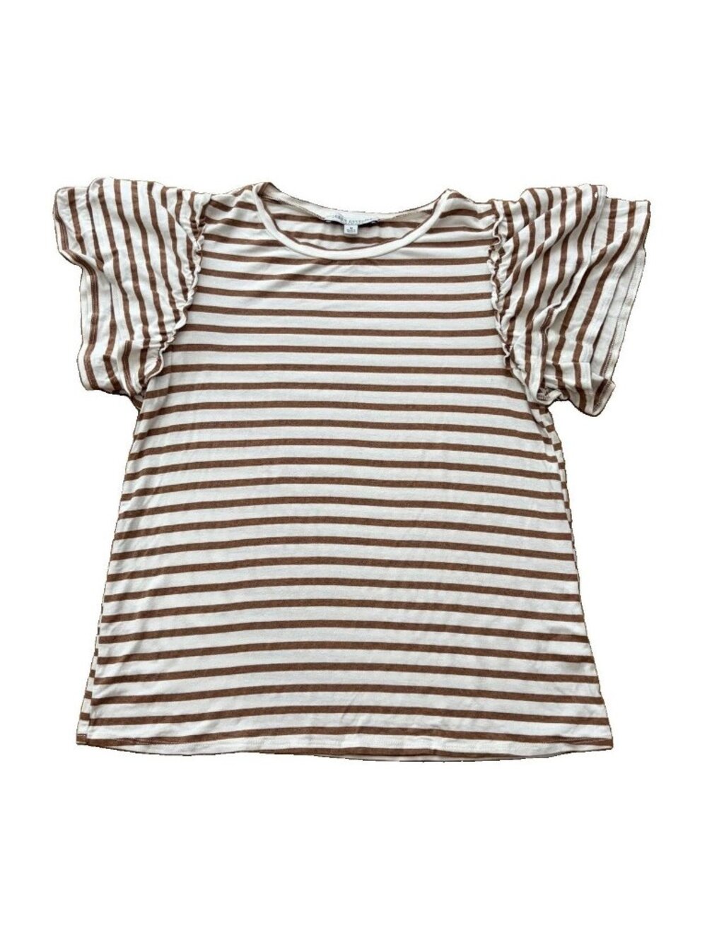 Green Envelope Women’s Medium Brown & White Striped Ruffle Flutter Sleeve Tee